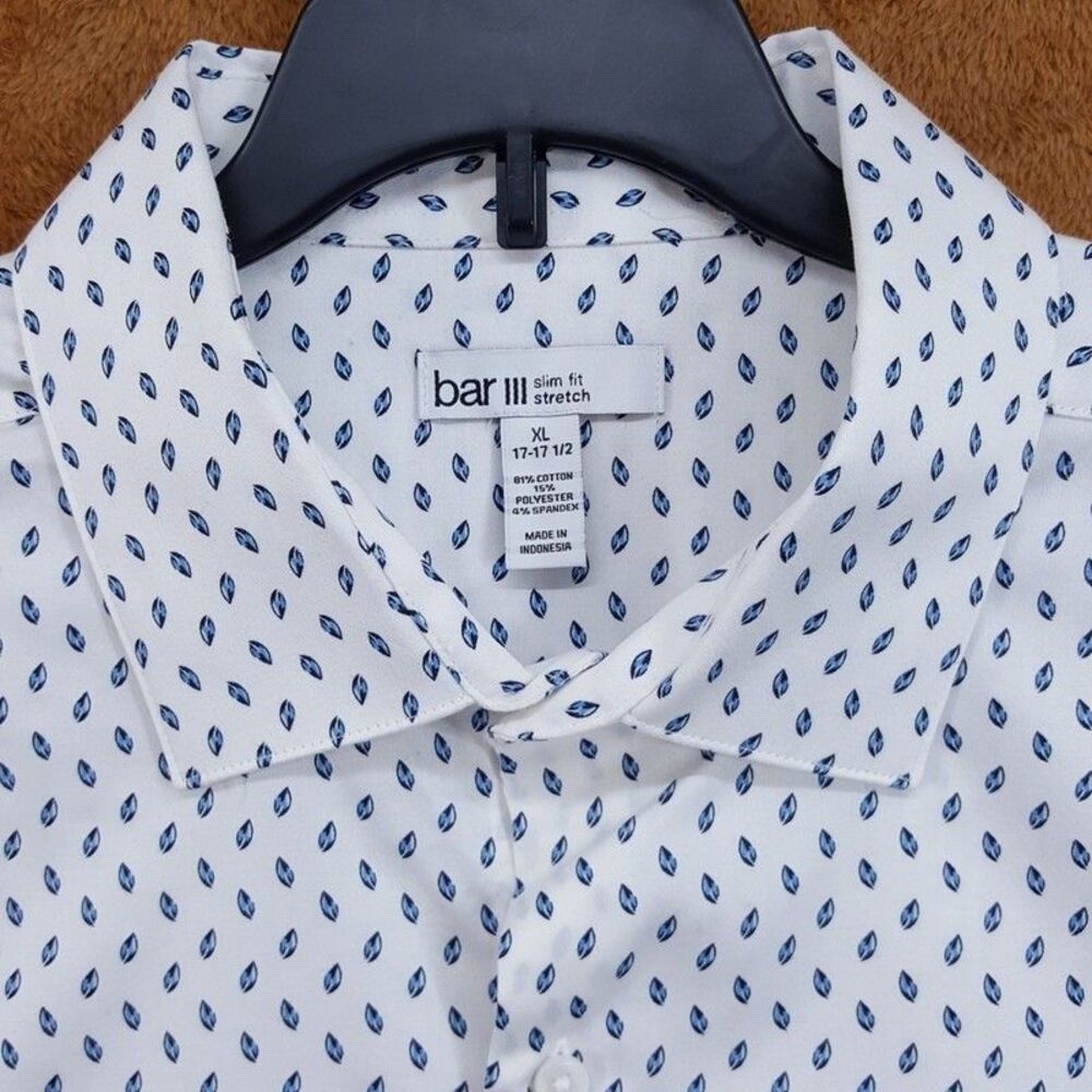 BAR III Dress Shirt Mens Size 17 17.5 White Geo Print Slim Fit Stretch Untucked